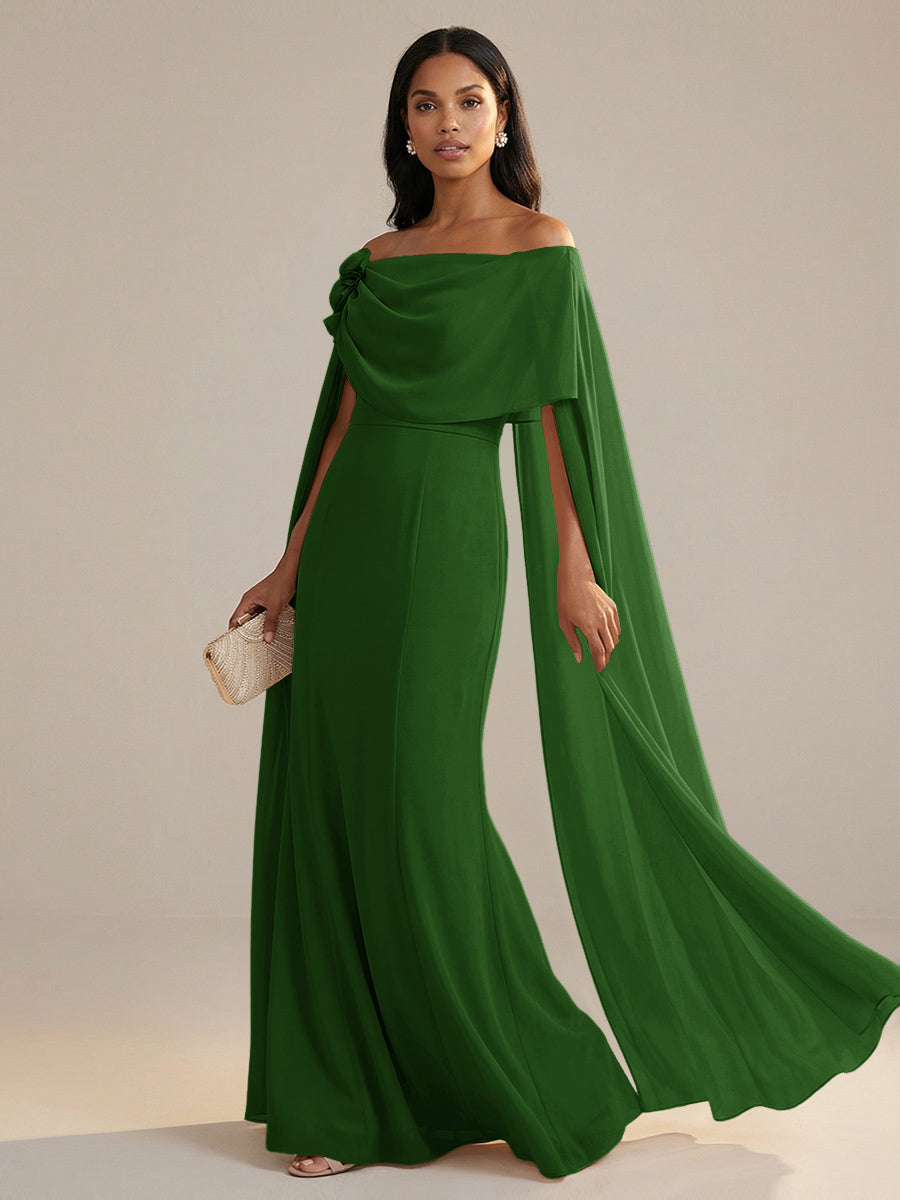 A-Line Chiffon Off-Shoulder Drape Floor-Length Mother of the Bride Dresses with Applique