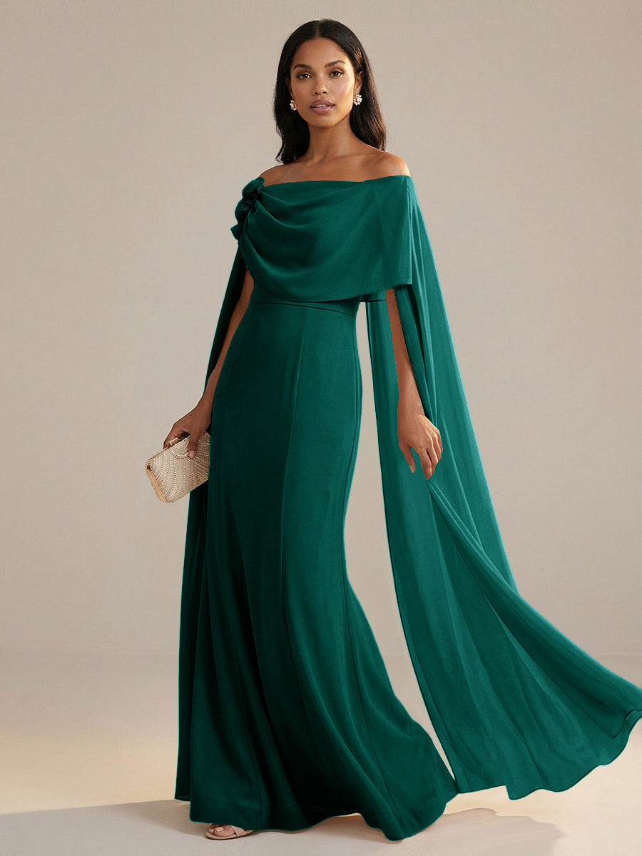 A-Line Chiffon Off-Shoulder Drape Floor-Length Mother of the Bride Dresses with Applique