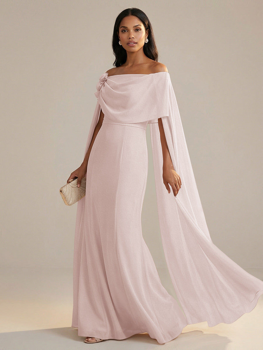 A-Line Chiffon Off-Shoulder Drape Floor-Length Mother of the Bride Dresses with Applique