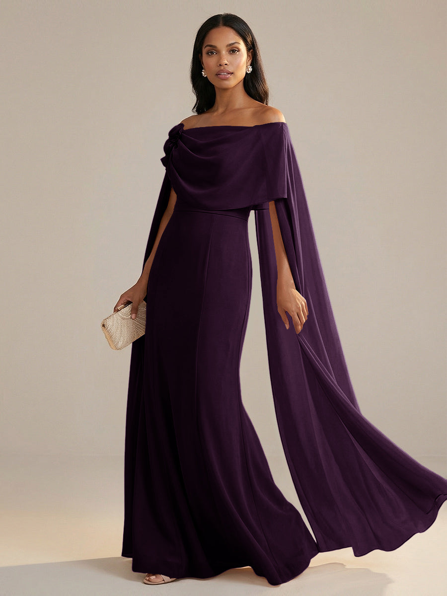A-Line Chiffon Off-Shoulder Drape Floor-Length Mother of the Bride Dresses with Applique