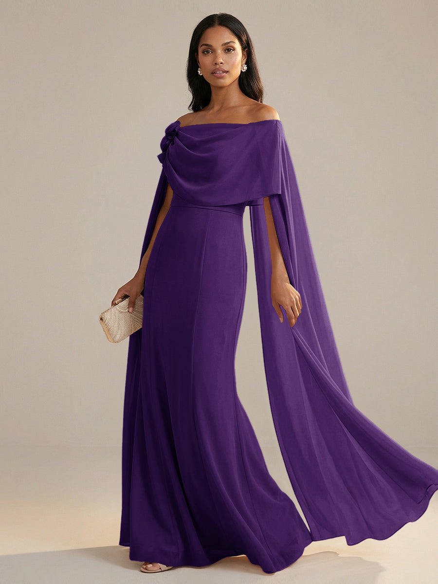 A-Line Chiffon Off-Shoulder Drape Floor-Length Mother of the Bride Dresses with Applique