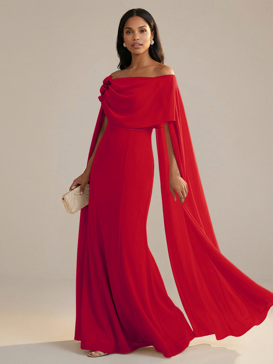 A-Line Chiffon Off-Shoulder Drape Floor-Length Mother of the Bride Dresses with Applique