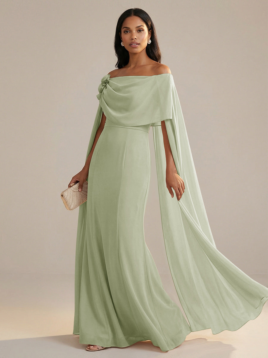 A-Line Chiffon Off-Shoulder Drape Floor-Length Mother of the Bride Dresses with Applique