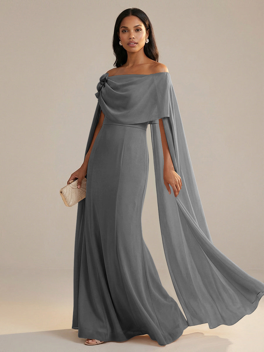 A-Line Chiffon Off-Shoulder Drape Floor-Length Mother of the Bride Dresses with Applique