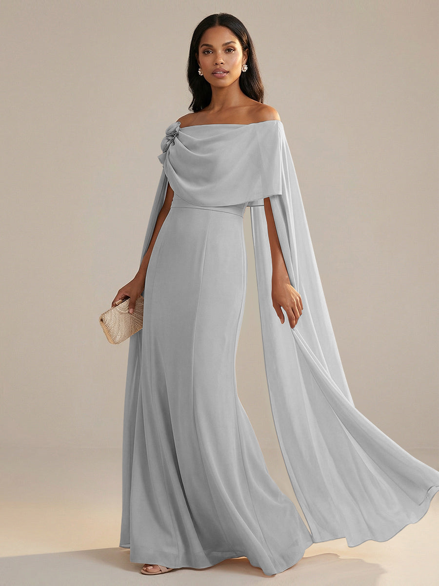 A-Line Chiffon Off-Shoulder Drape Floor-Length Mother of the Bride Dresses with Applique