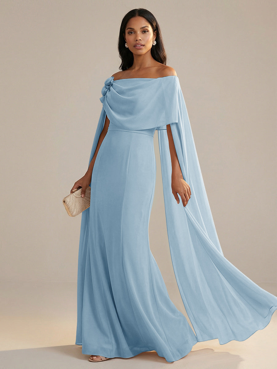A-Line Chiffon Off-Shoulder Drape Floor-Length Mother of the Bride Dresses with Applique