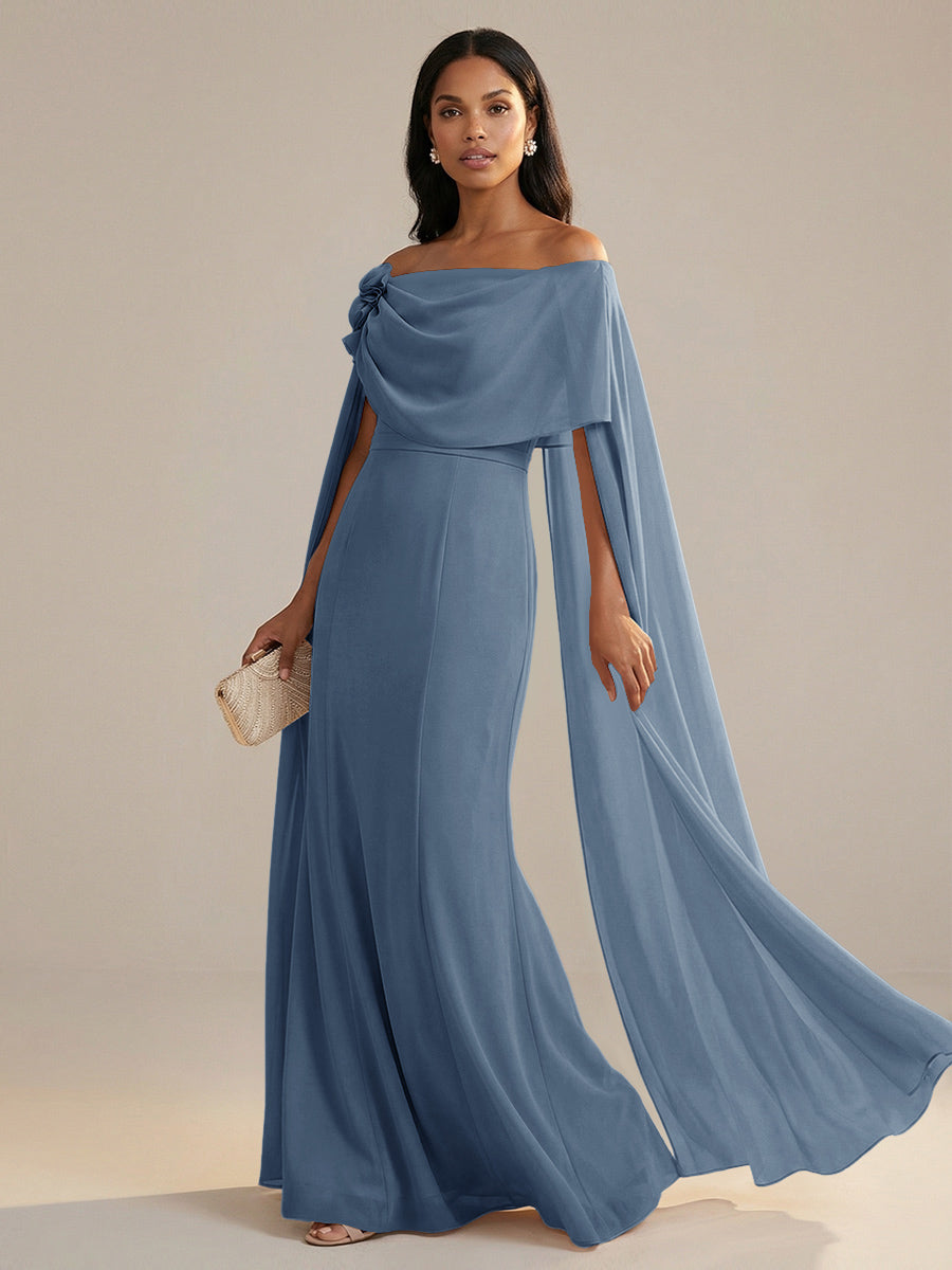 A-Line Chiffon Off-Shoulder Drape Floor-Length Mother of the Bride Dresses with Applique