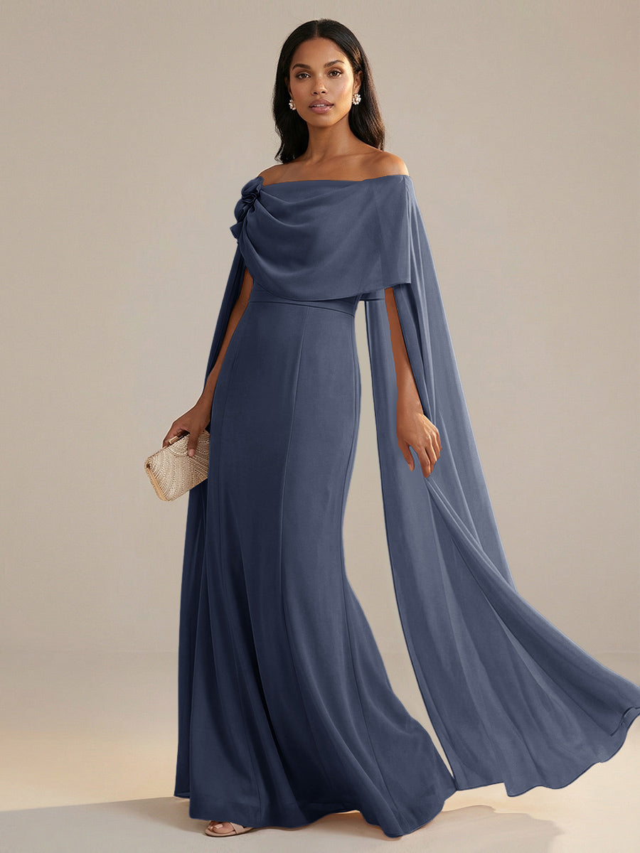A-Line Chiffon Off-Shoulder Drape Floor-Length Mother of the Bride Dresses with Applique