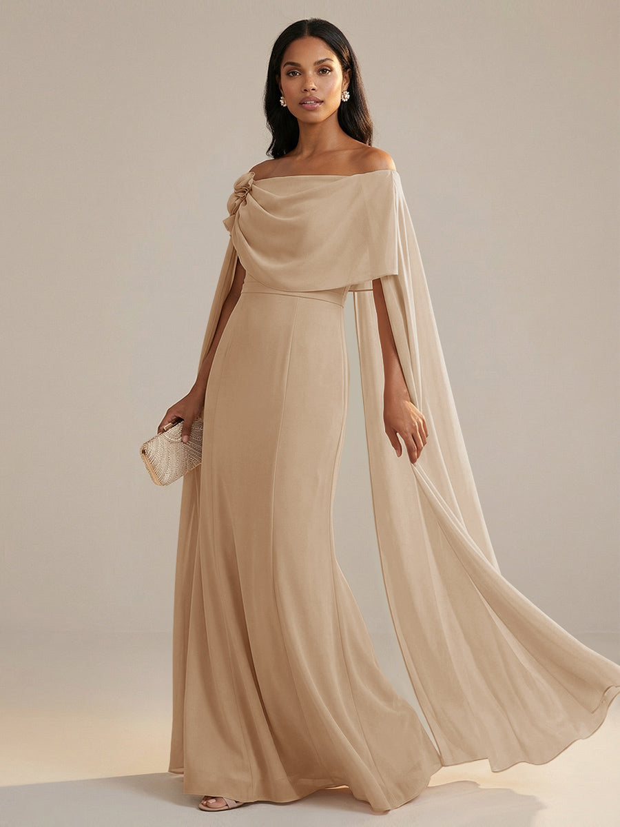A-Line Chiffon Off-Shoulder Drape Floor-Length Mother of the Bride Dresses with Applique