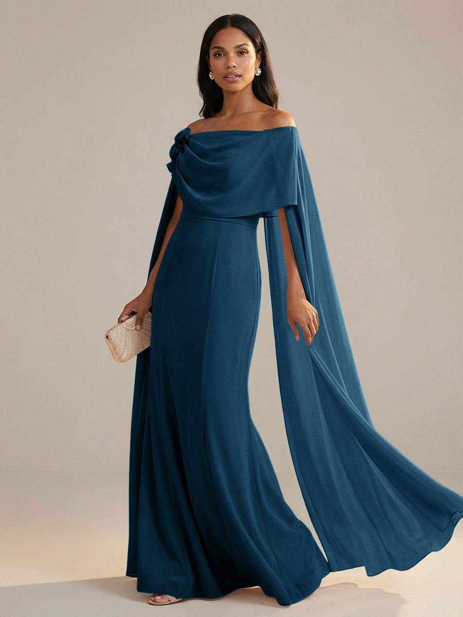 A-Line Chiffon Off-Shoulder Drape Floor-Length Mother of the Bride Dresses with Applique