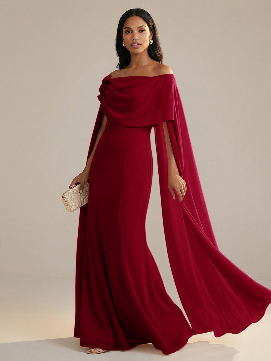 A-Line Chiffon Off-Shoulder Drape Floor-Length Mother of the Bride Dresses with Applique