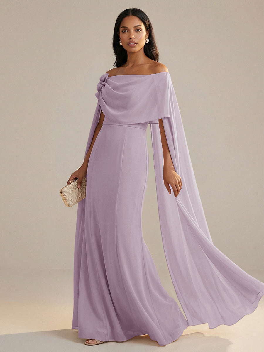 A-Line Chiffon Off-Shoulder Drape Floor-Length Mother of the Bride Dresses with Applique