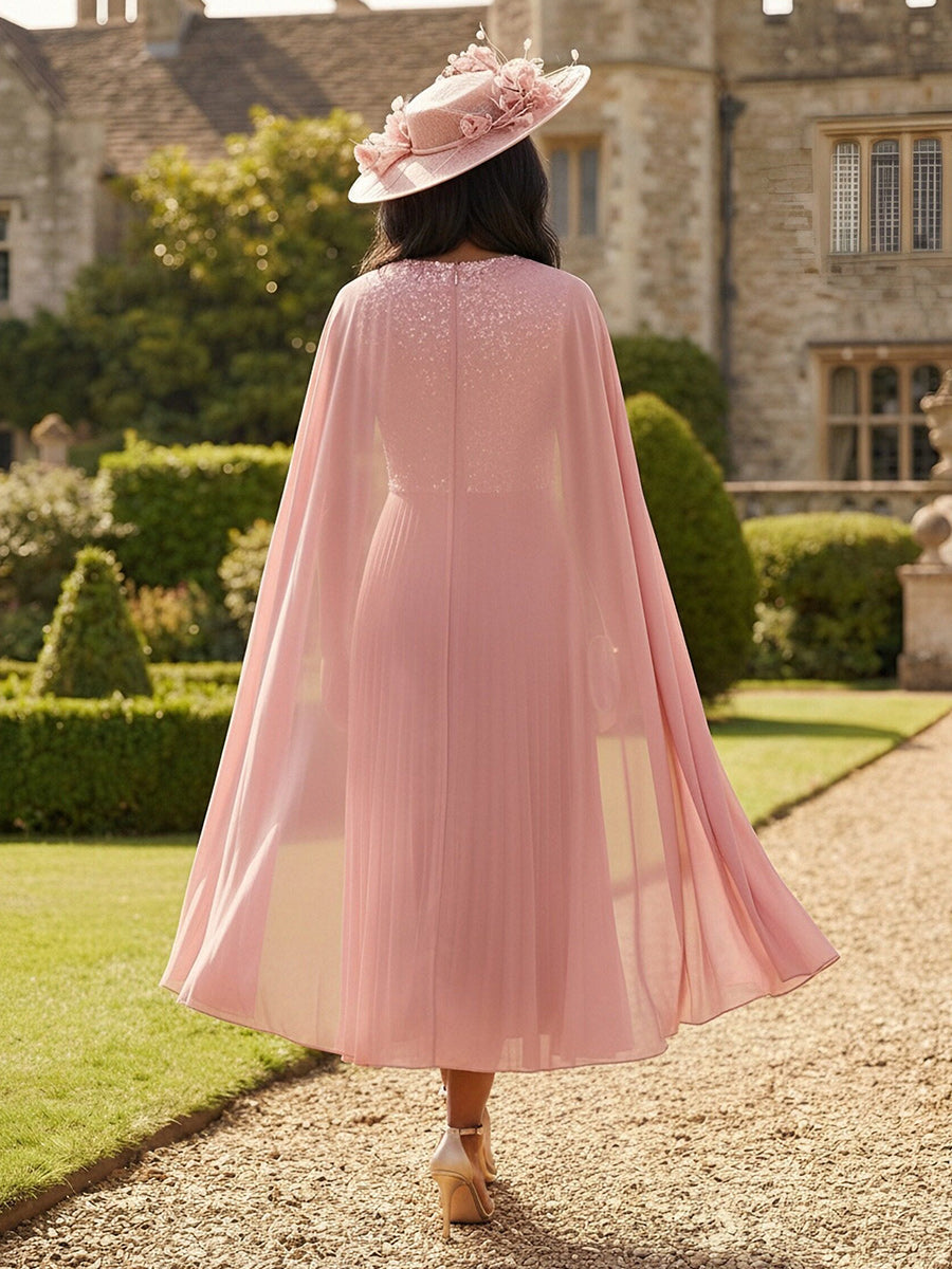 A-Line Pleated Chiffon & Sequin Round Neck Ankle-Length Mother of the Bride Dresses with Cape