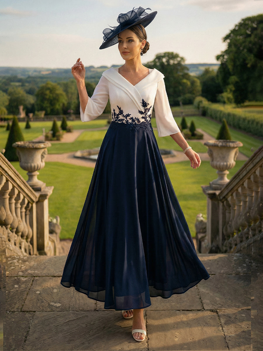 A-Line V-Neck Ankle-Length Mother of the Bride Dresses with Lace Appliques