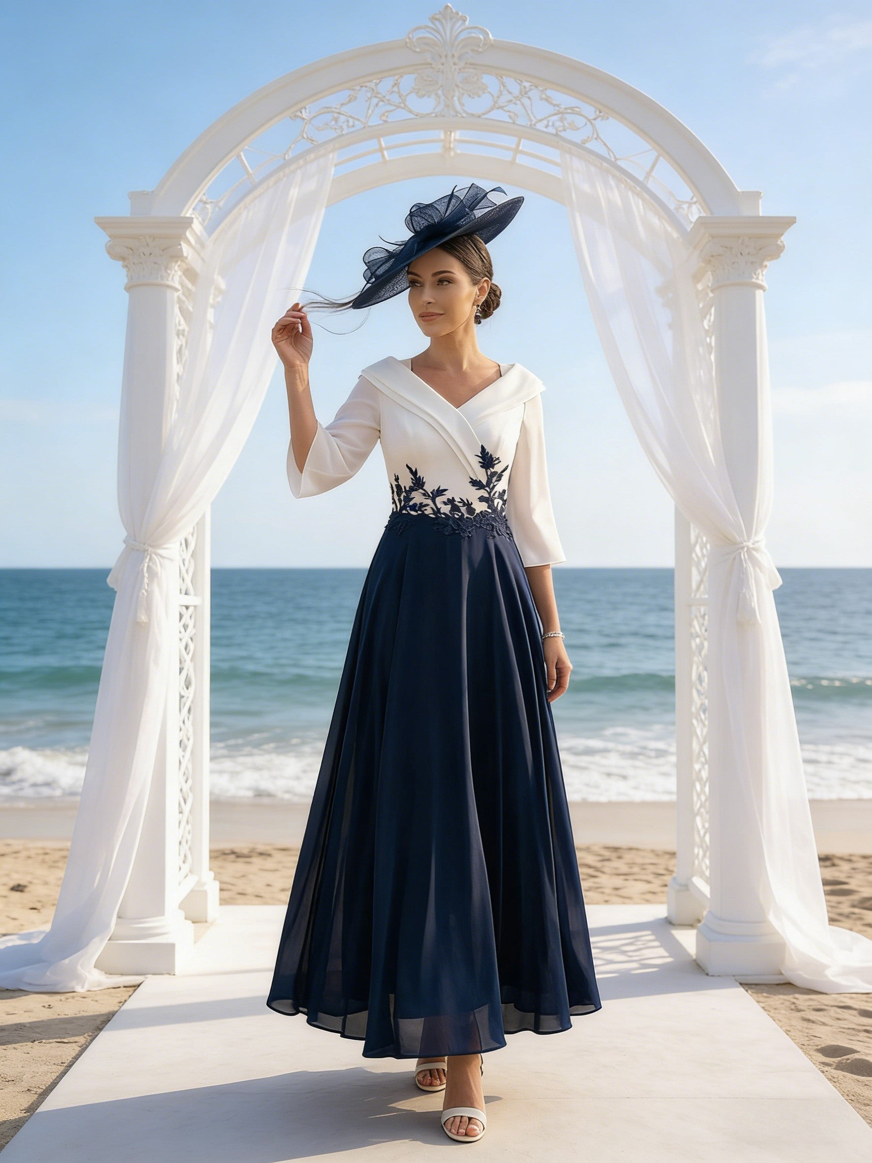 A-Line V-Neck Ankle-Length Mother of the Bride Dresses with Lace Appliques