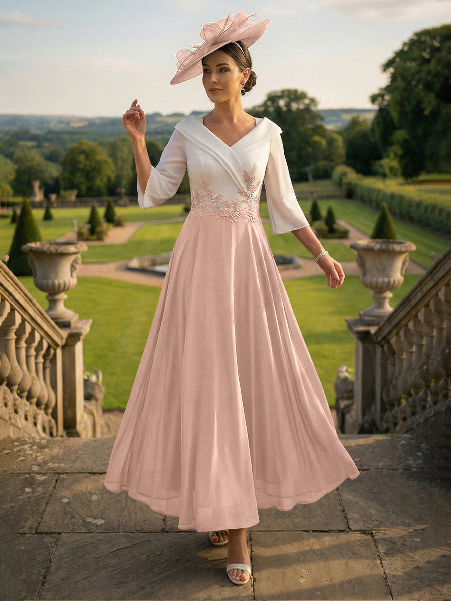 A-Line V-Neck Ankle-Length Mother of the Bride Dresses with Lace Appliques