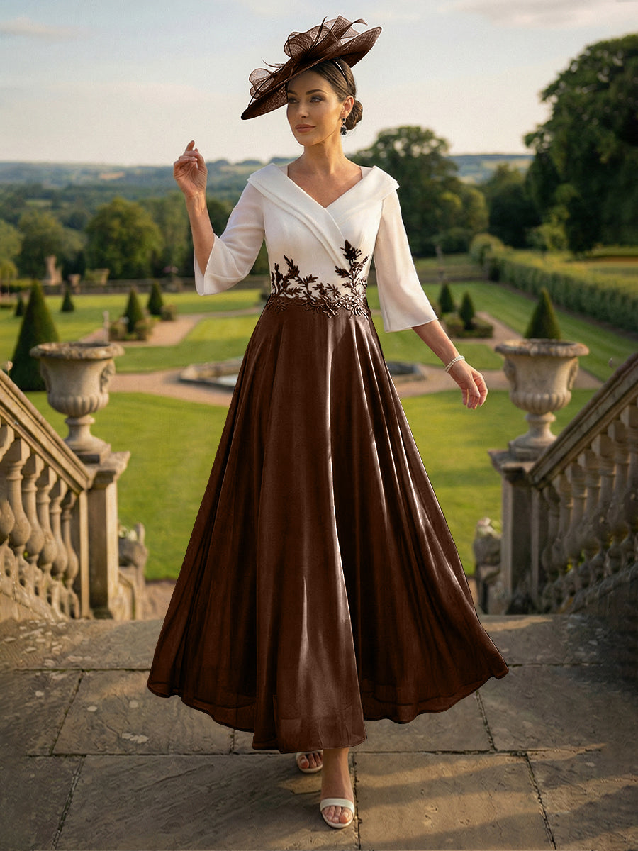 A-Line V-Neck Ankle-Length Mother of the Bride Dresses with Lace Appliques
