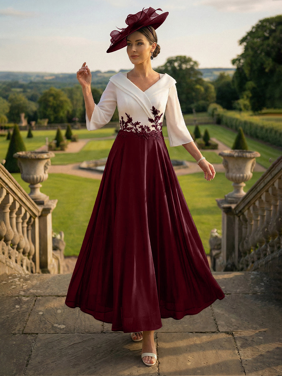 A-Line V-Neck Ankle-Length Mother of the Bride Dresses with Lace Appliques