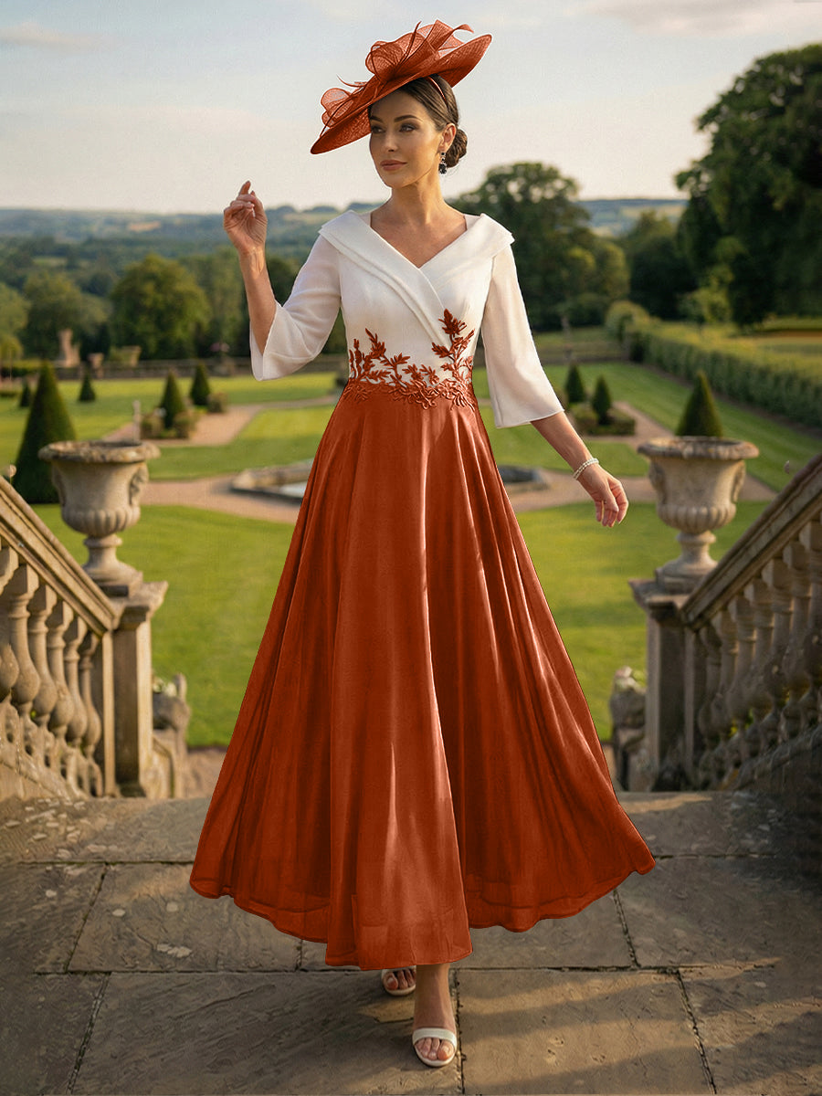 A-Line V-Neck Ankle-Length Mother of the Bride Dresses with Lace Appliques