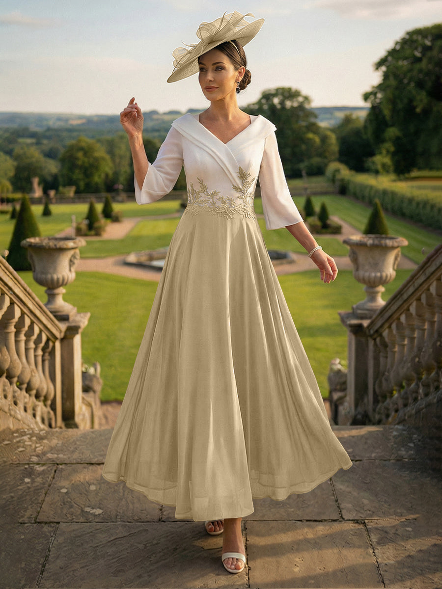 A-Line V-Neck Ankle-Length Mother of the Bride Dresses with Lace Appliques