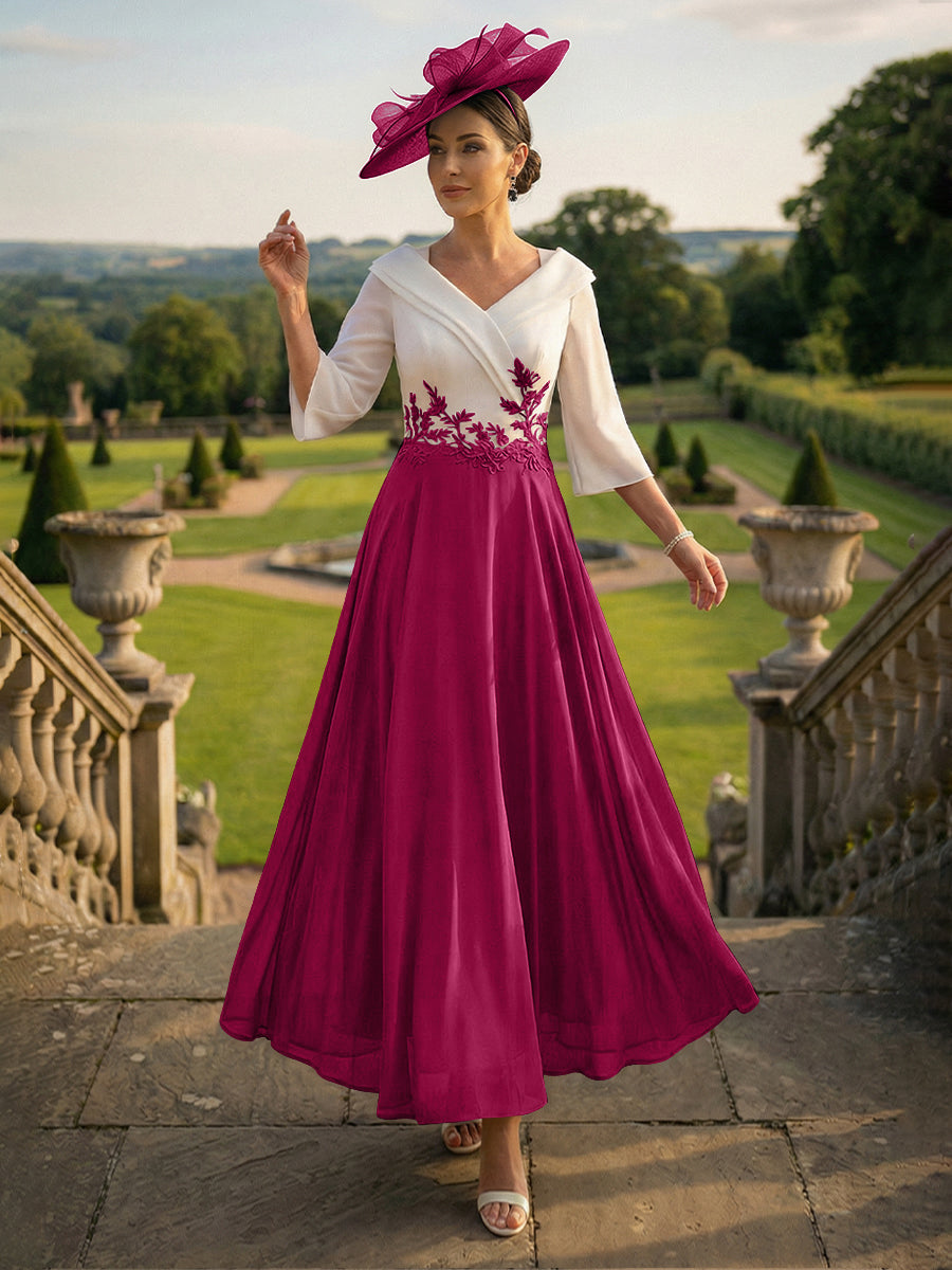 A-Line V-Neck Ankle-Length Mother of the Bride Dresses with Lace Appliques