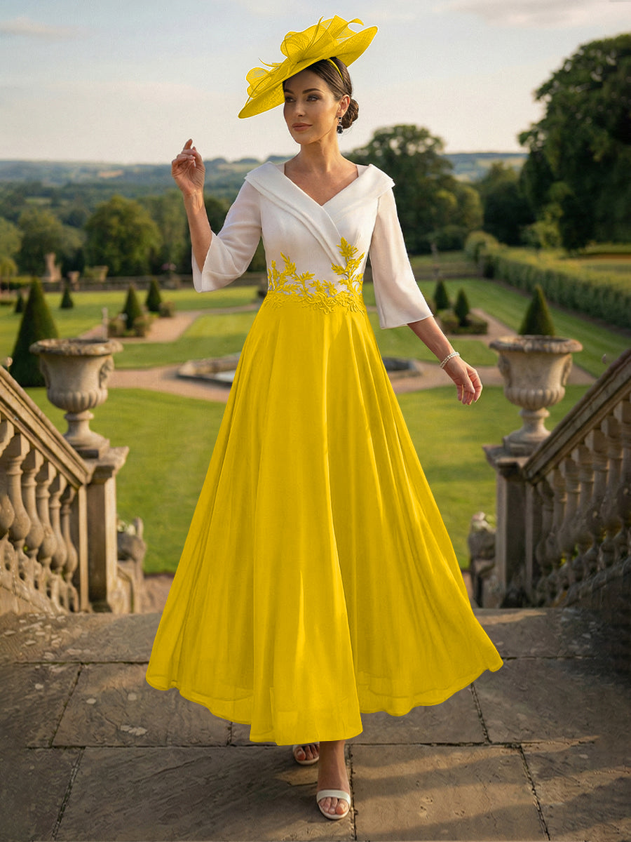 A-Line V-Neck Ankle-Length Mother of the Bride Dresses with Lace Appliques