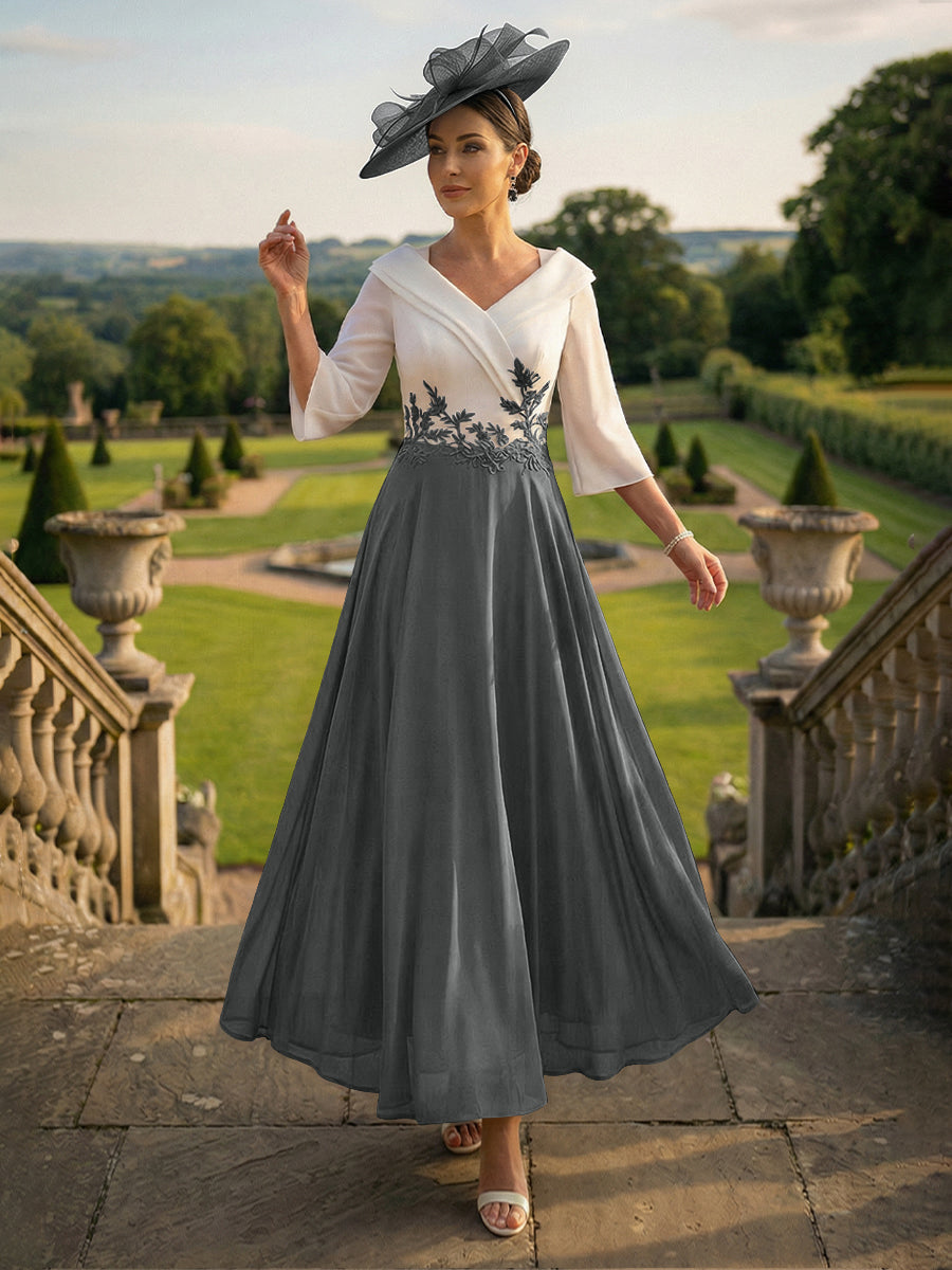 A-Line V-Neck Ankle-Length Mother of the Bride Dresses with Lace Appliques