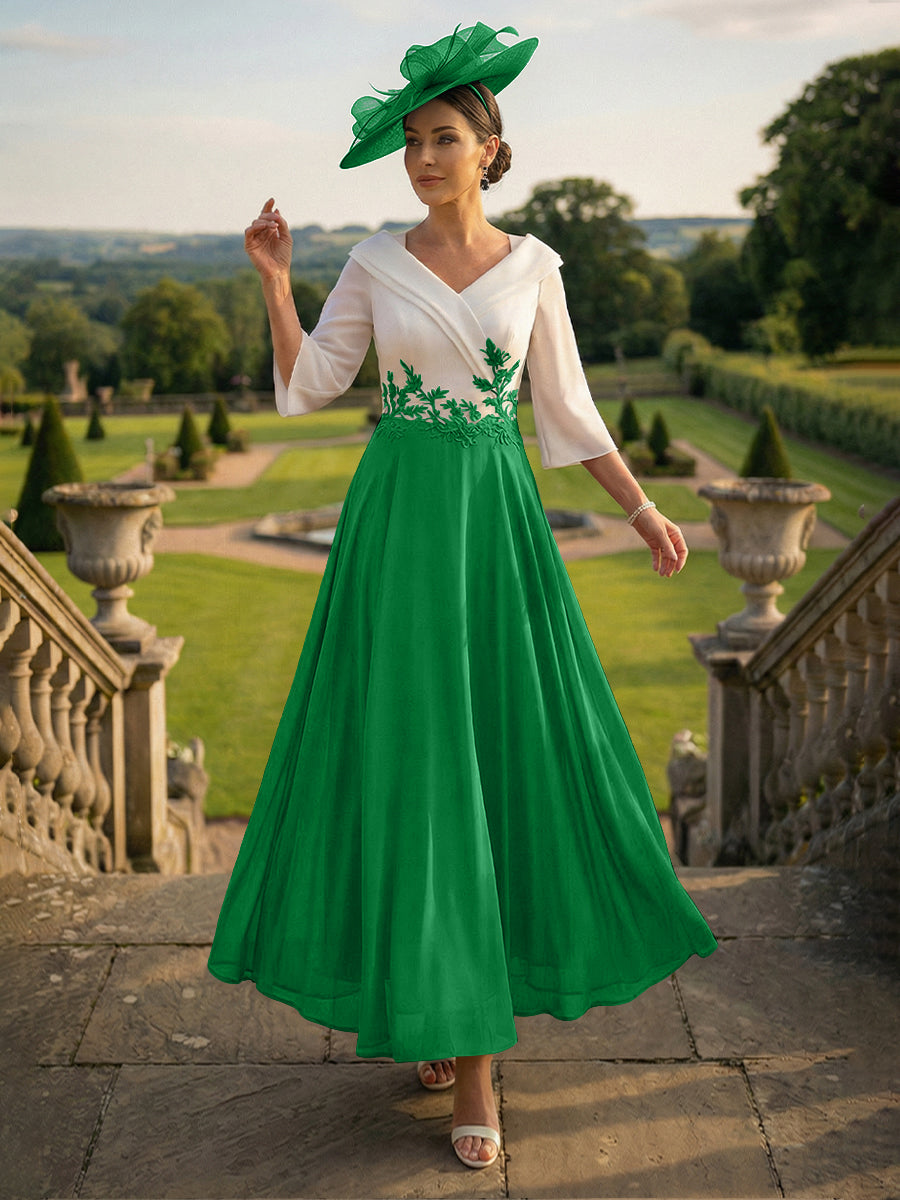 A-Line V-Neck Ankle-Length Mother of the Bride Dresses with Lace Appliques
