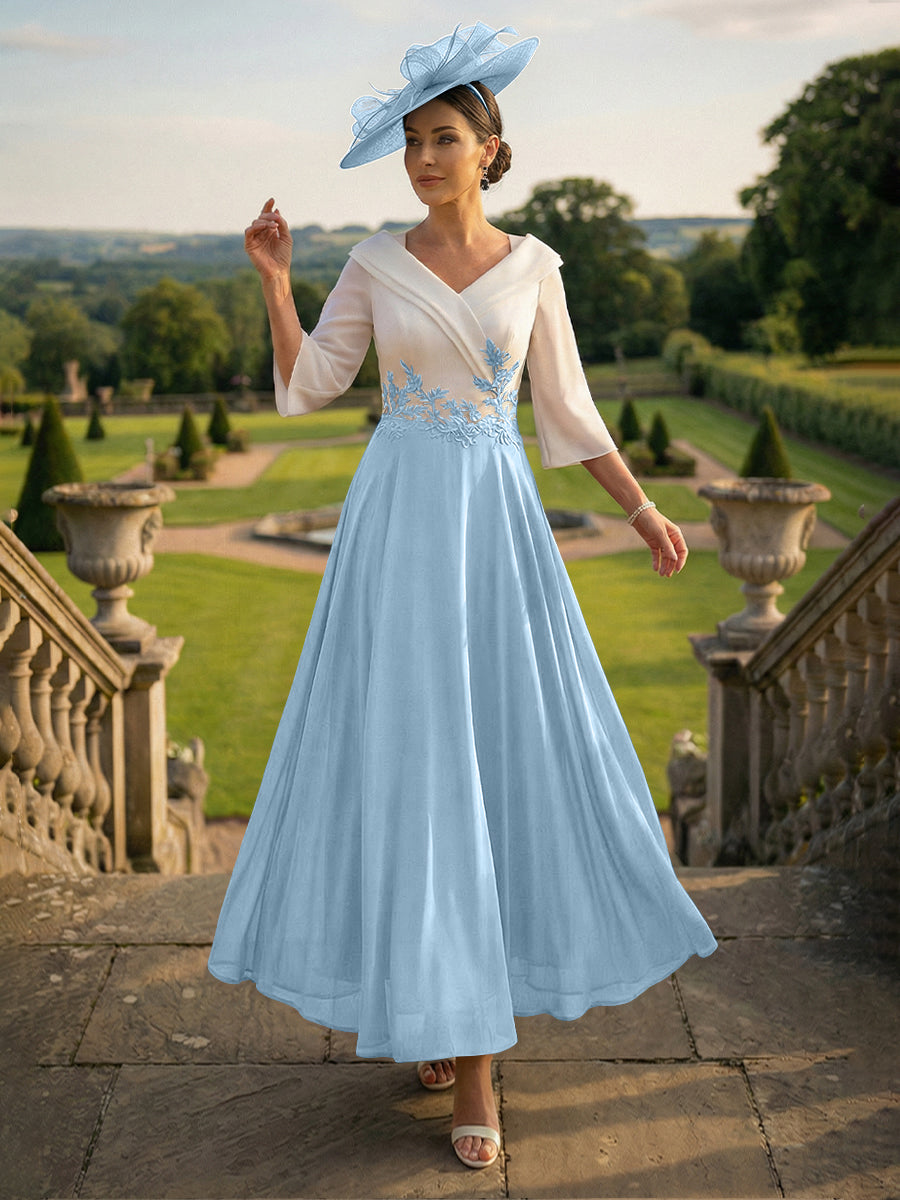 A-Line V-Neck Ankle-Length Mother of the Bride Dresses with Lace Appliques