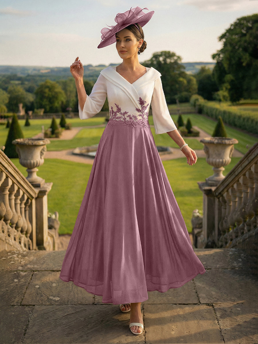 A-Line V-Neck Ankle-Length Mother of the Bride Dresses with Lace Appliques