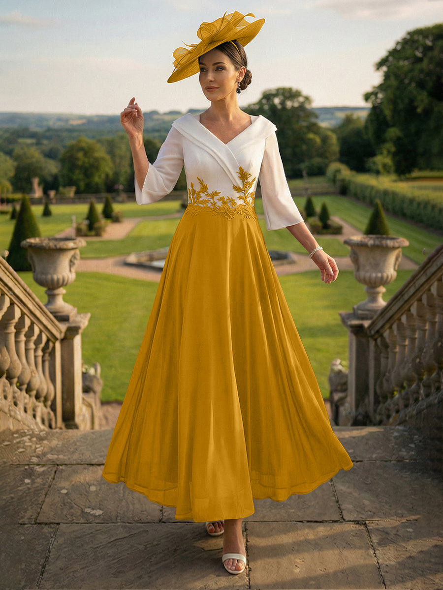 A-Line V-Neck Ankle-Length Mother of the Bride Dresses with Lace Appliques