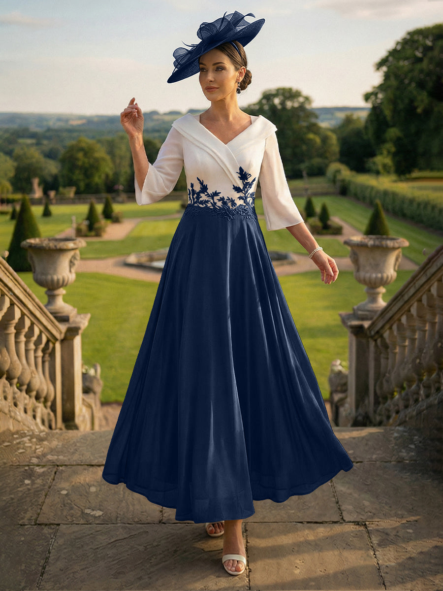 A-Line V-Neck Ankle-Length Mother of the Bride Dresses with Lace Appliques
