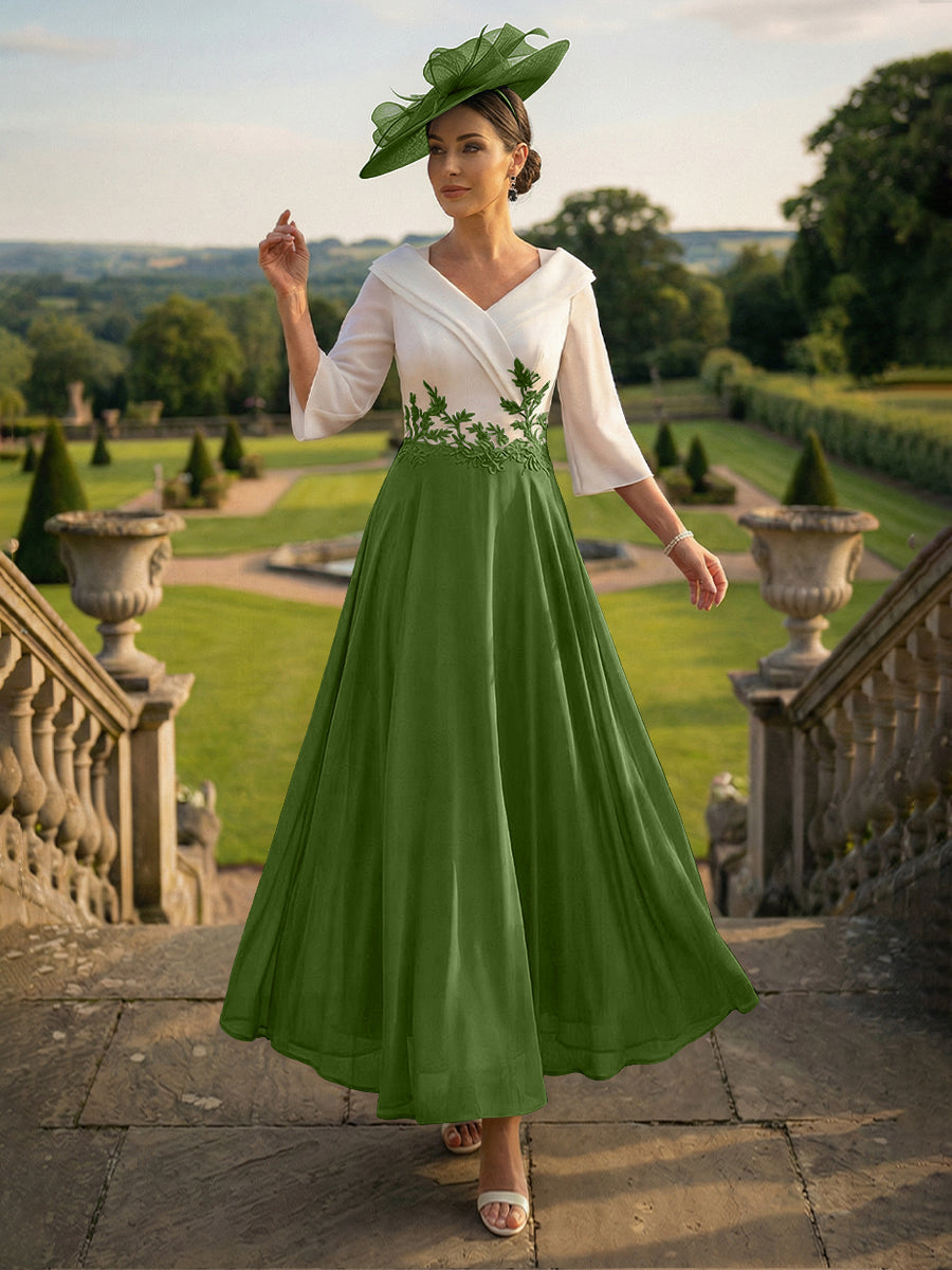 A-Line V-Neck Ankle-Length Mother of the Bride Dresses with Lace Appliques