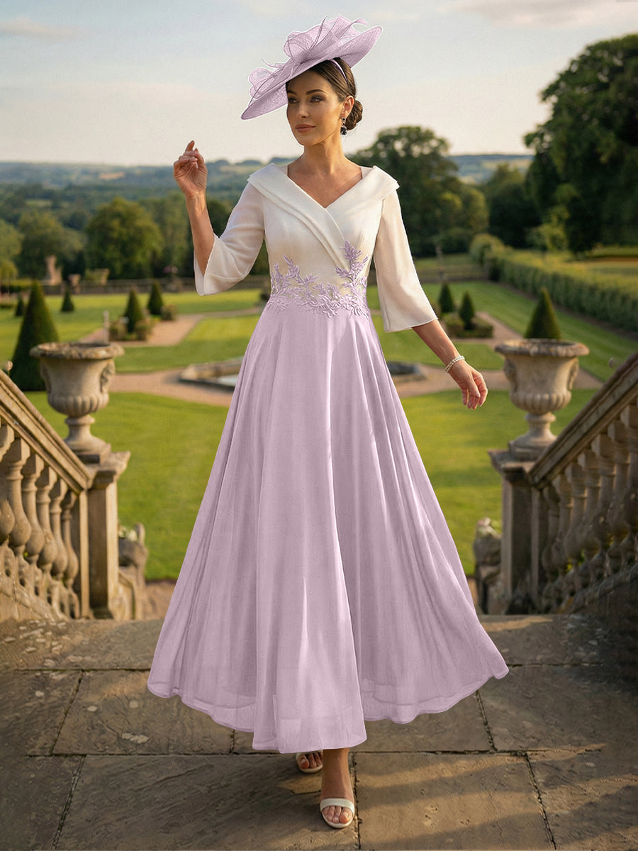 A-Line V-Neck Ankle-Length Mother of the Bride Dresses with Lace Appliques