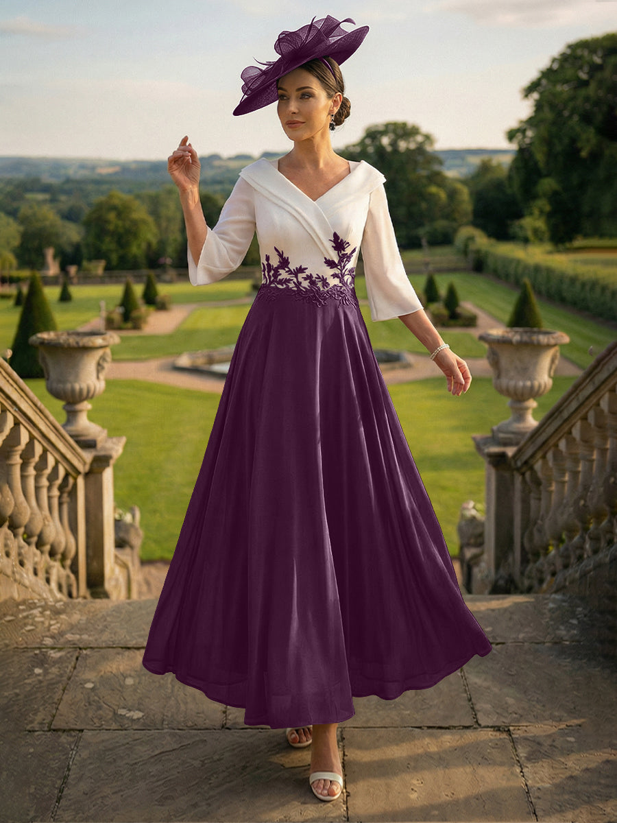 A-Line V-Neck Ankle-Length Mother of the Bride Dresses with Lace Appliques