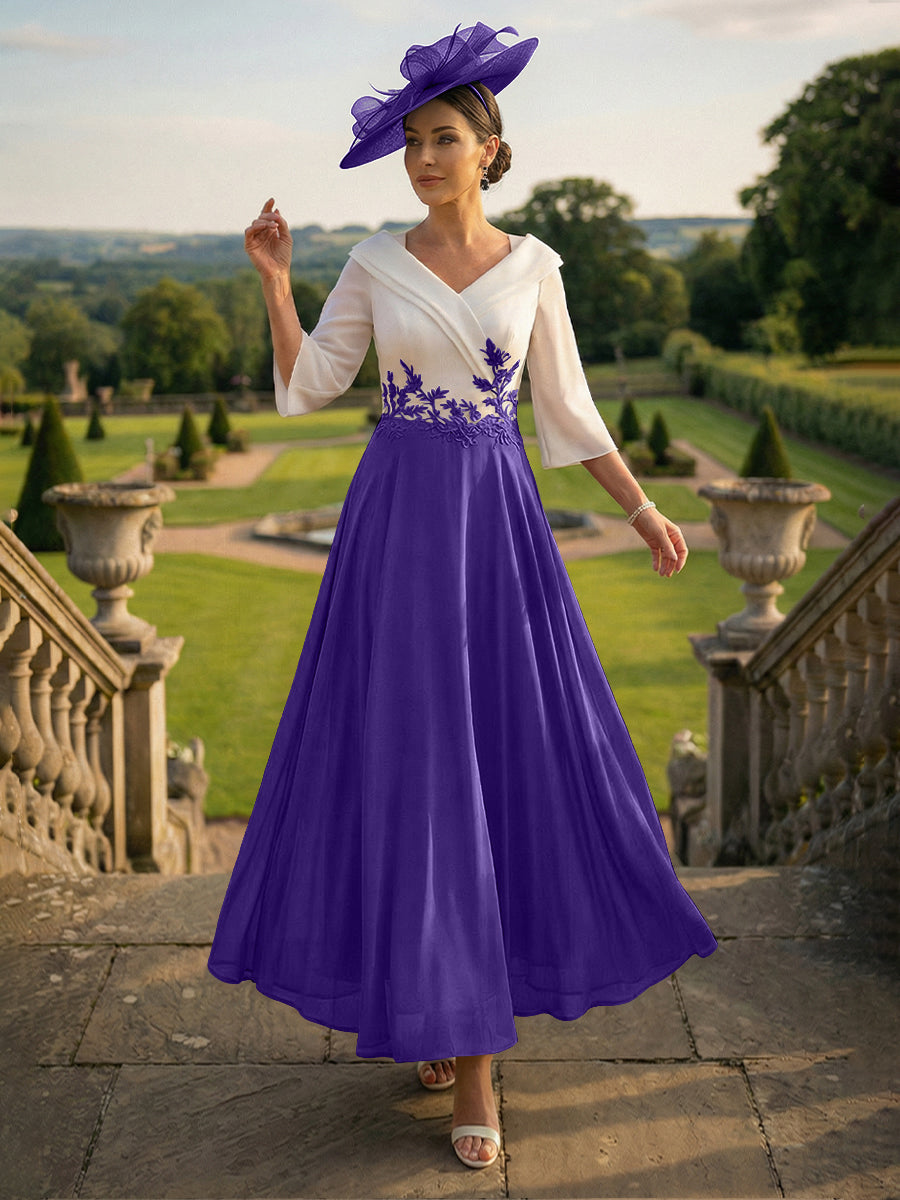 A-Line V-Neck Ankle-Length Mother of the Bride Dresses with Lace Appliques