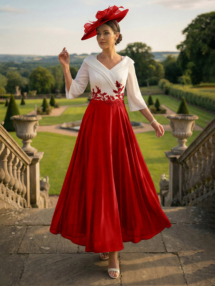 A-Line V-Neck Ankle-Length Mother of the Bride Dresses with Lace Appliques