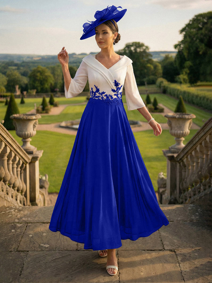 A-Line V-Neck Ankle-Length Mother of the Bride Dresses with Lace Appliques