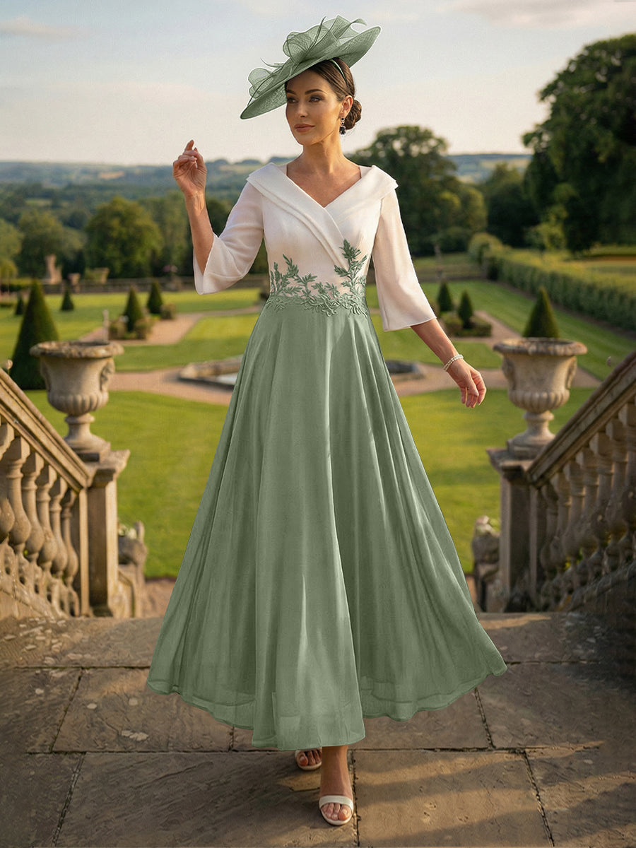 A-Line V-Neck Ankle-Length Mother of the Bride Dresses with Lace Appliques