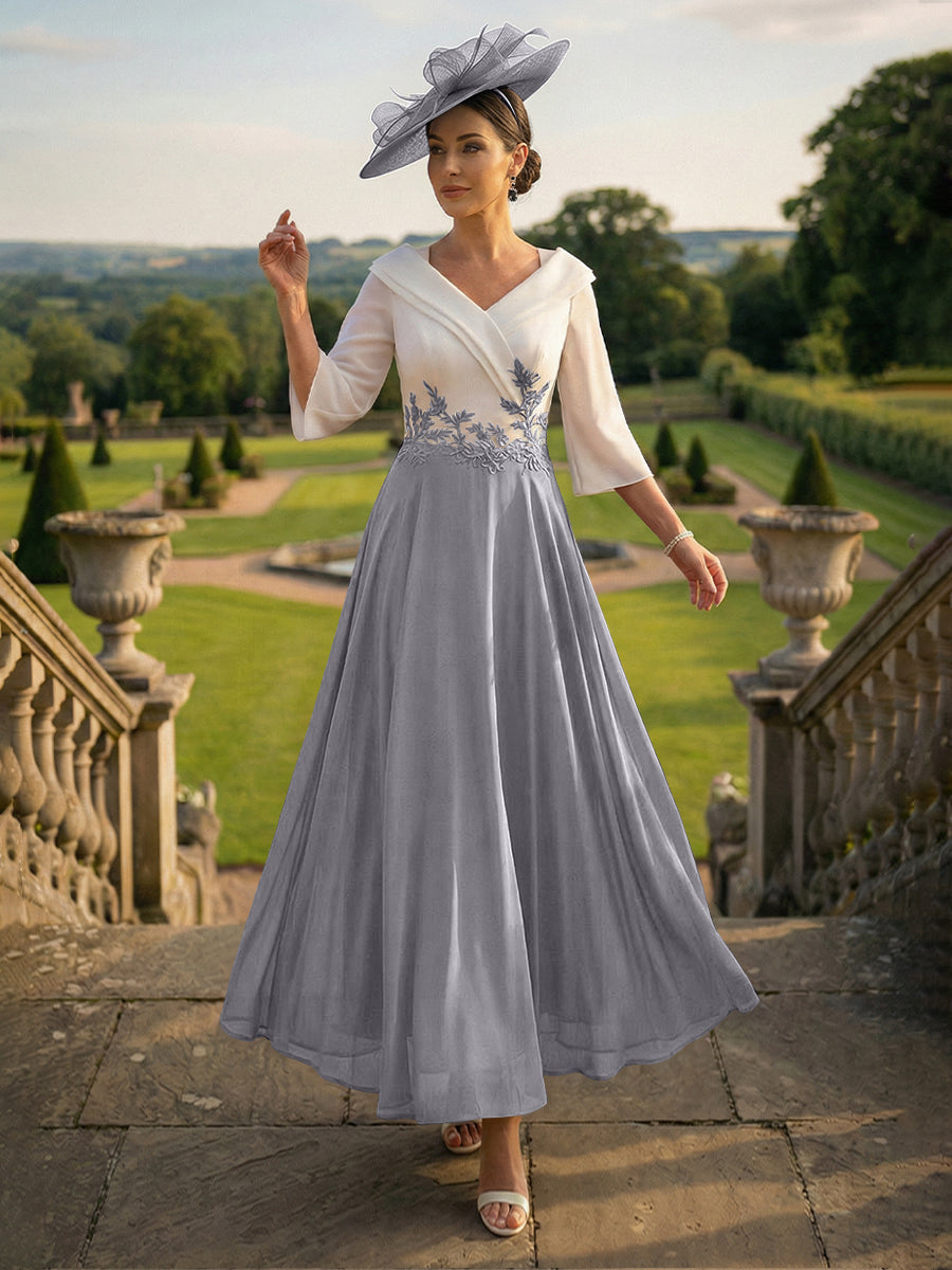 A-Line V-Neck Ankle-Length Mother of the Bride Dresses with Lace Appliques