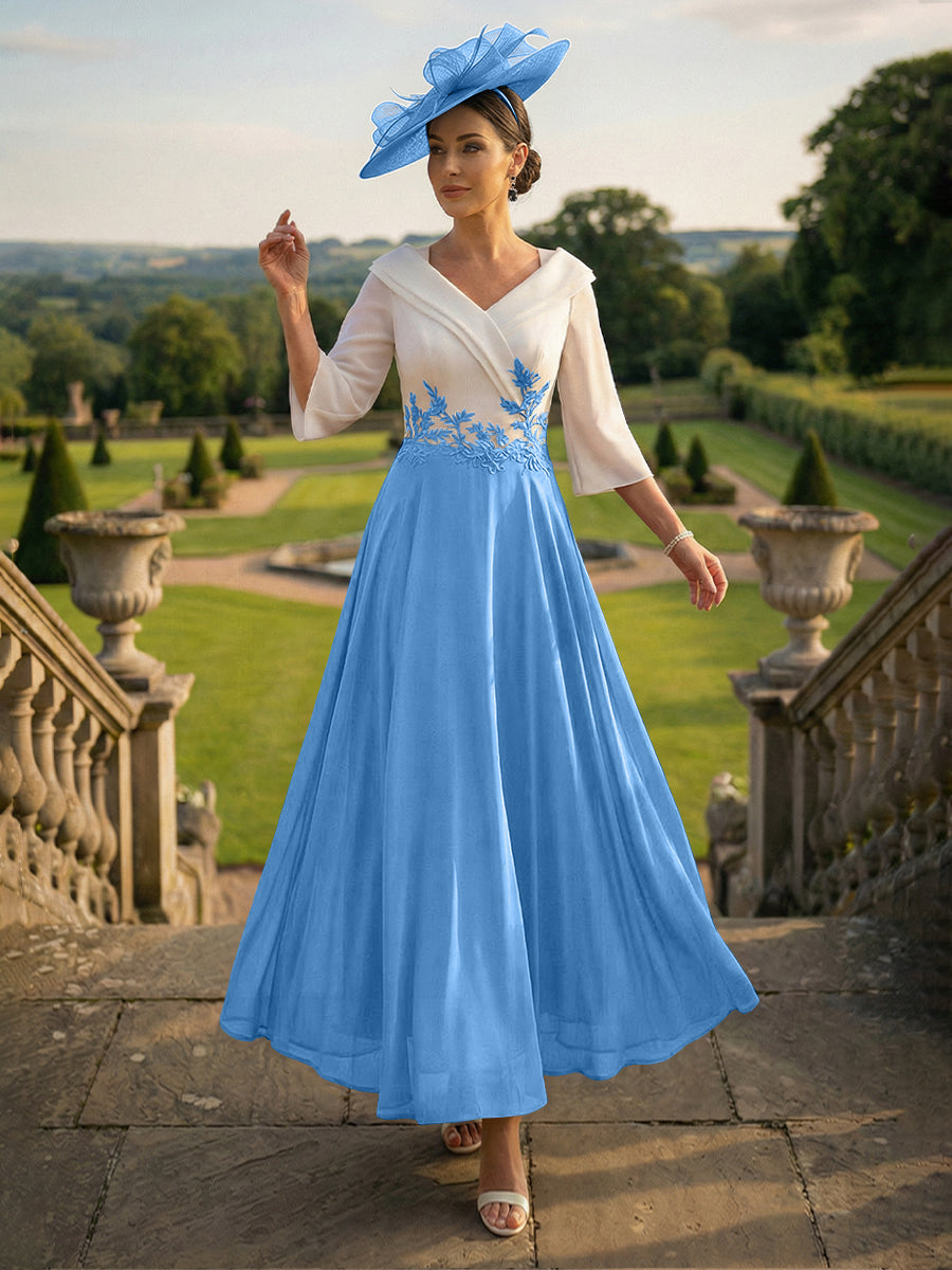 A-Line V-Neck Ankle-Length Mother of the Bride Dresses with Lace Appliques