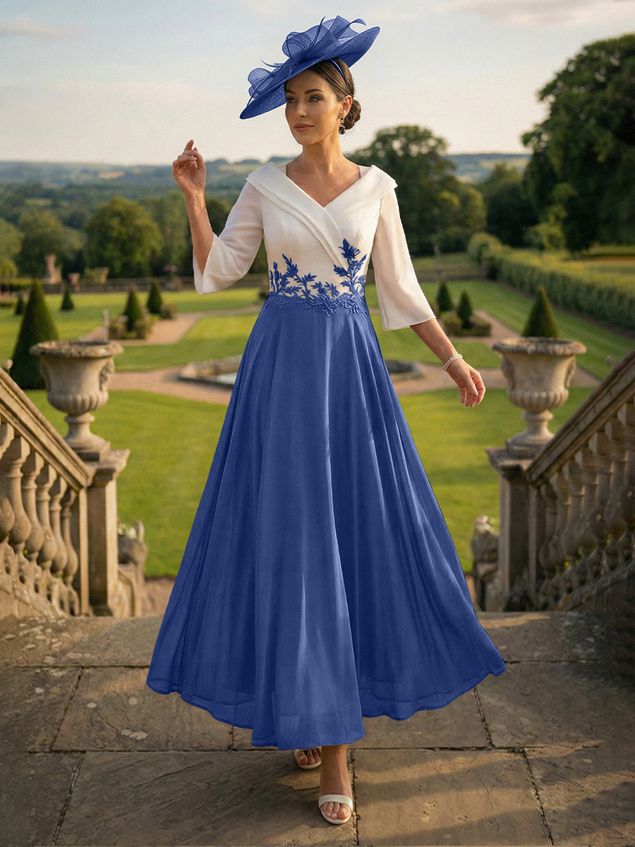 A-Line V-Neck Ankle-Length Mother of the Bride Dresses with Lace Appliques