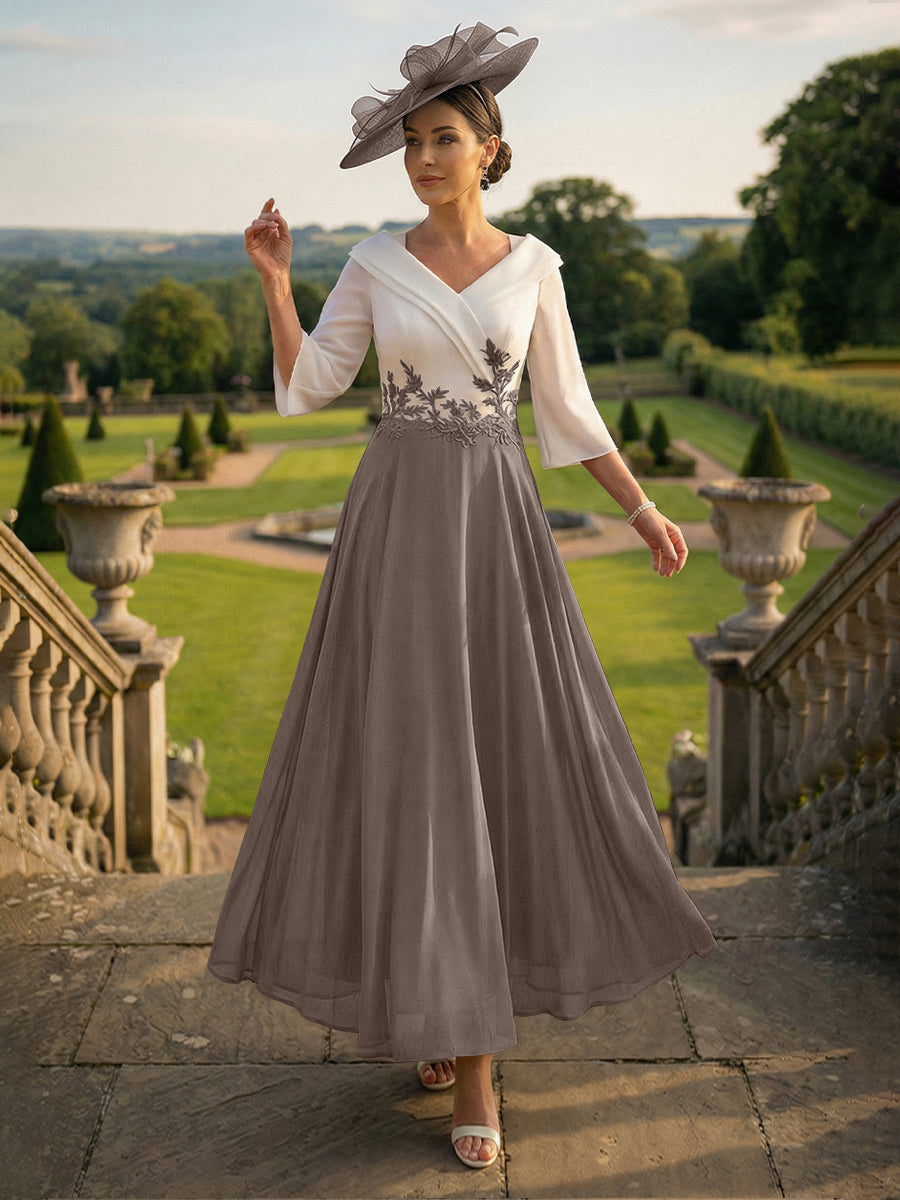 A-Line V-Neck Ankle-Length Mother of the Bride Dresses with Lace Appliques