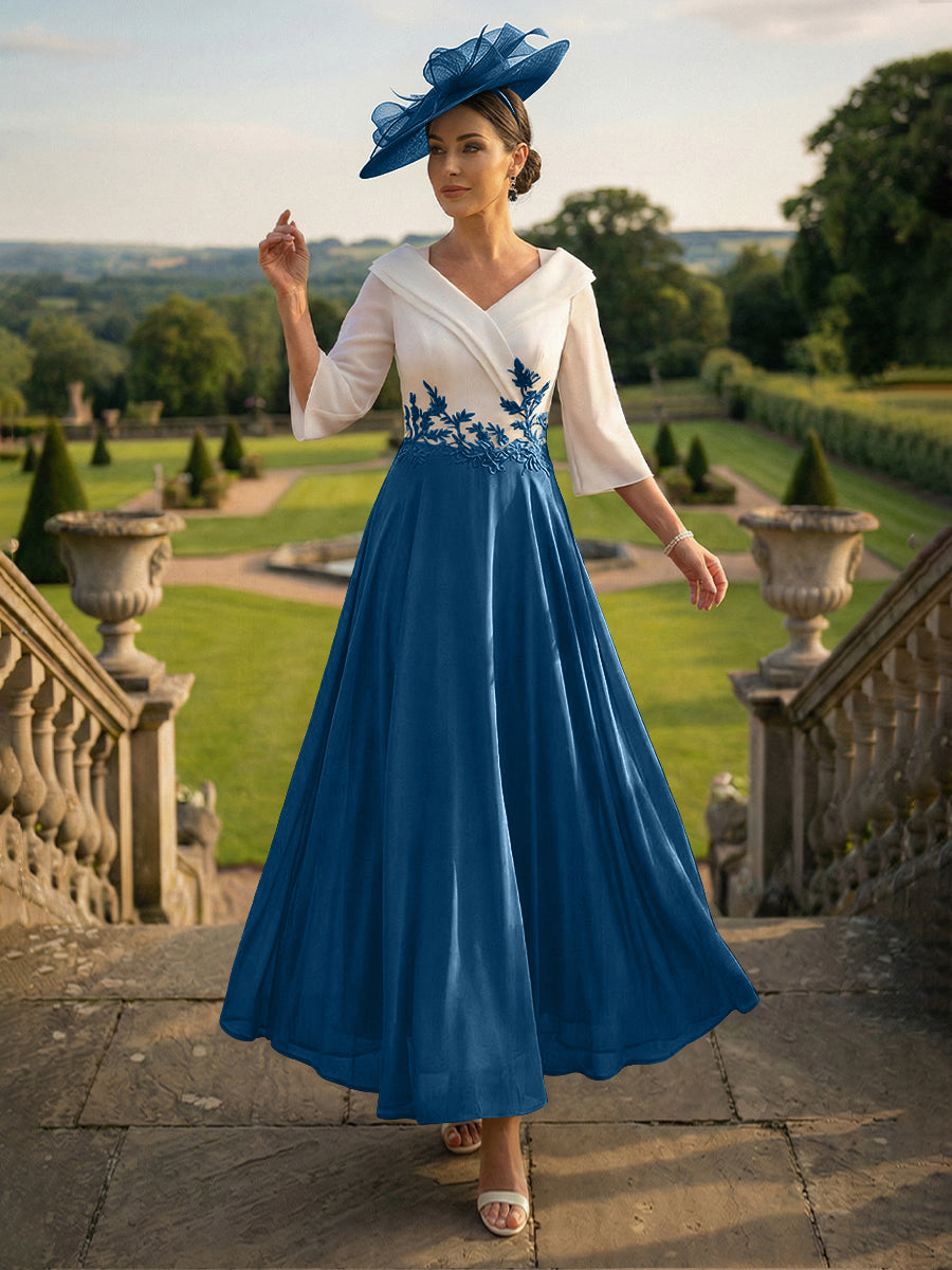 A-Line V-Neck Ankle-Length Mother of the Bride Dresses with Lace Appliques