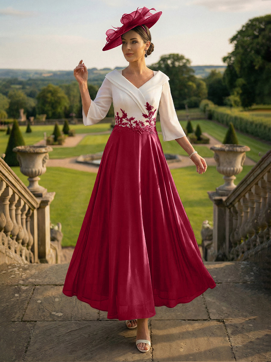 A-Line V-Neck Ankle-Length Mother of the Bride Dresses with Lace Appliques