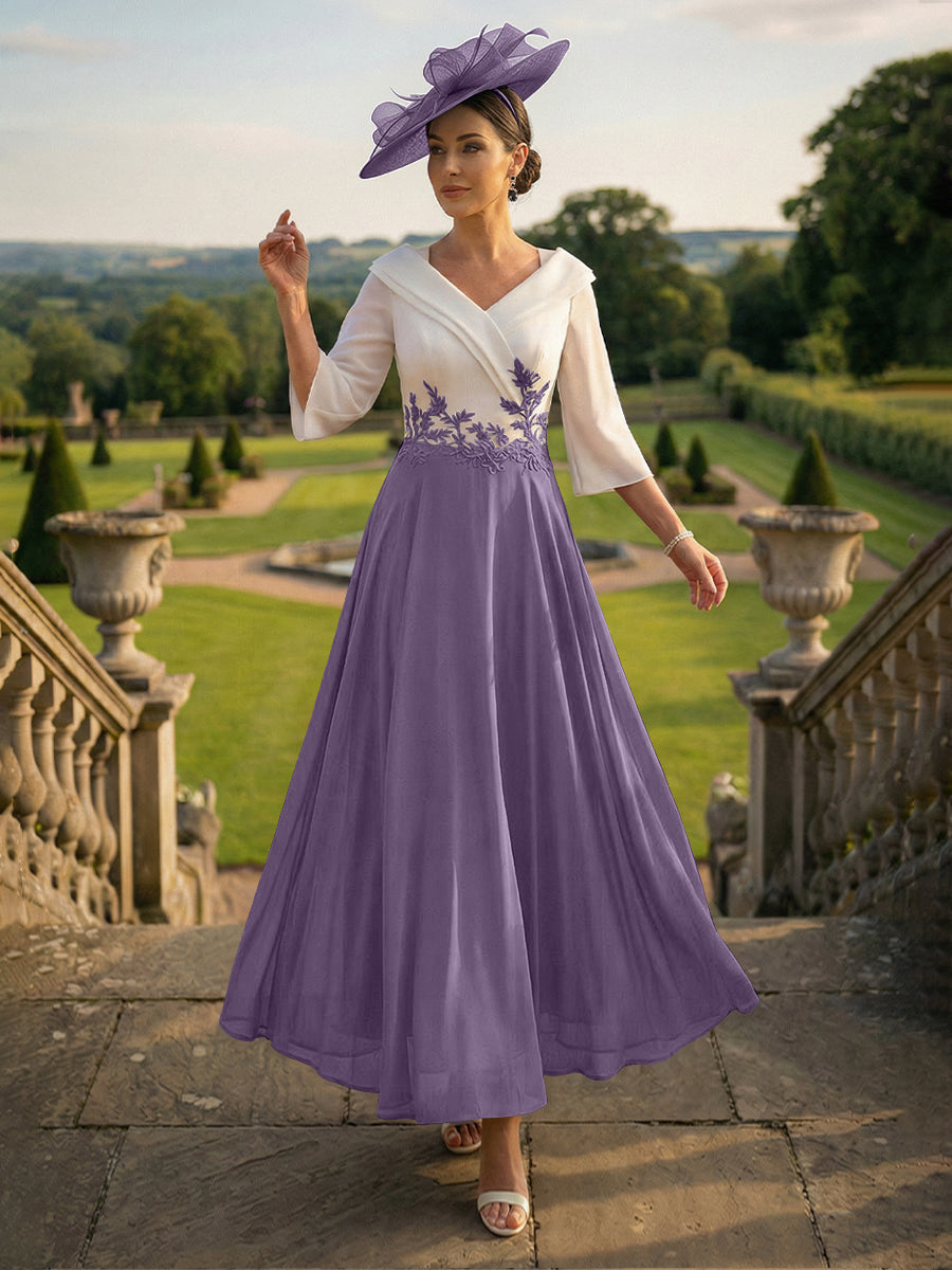 A-Line V-Neck Ankle-Length Mother of the Bride Dresses with Lace Appliques