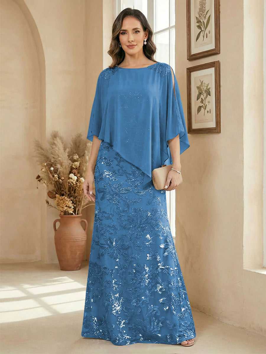 A Line Scoop Floor Length Elegant Mother of the Bride Dresses with Sequin Embroidery
