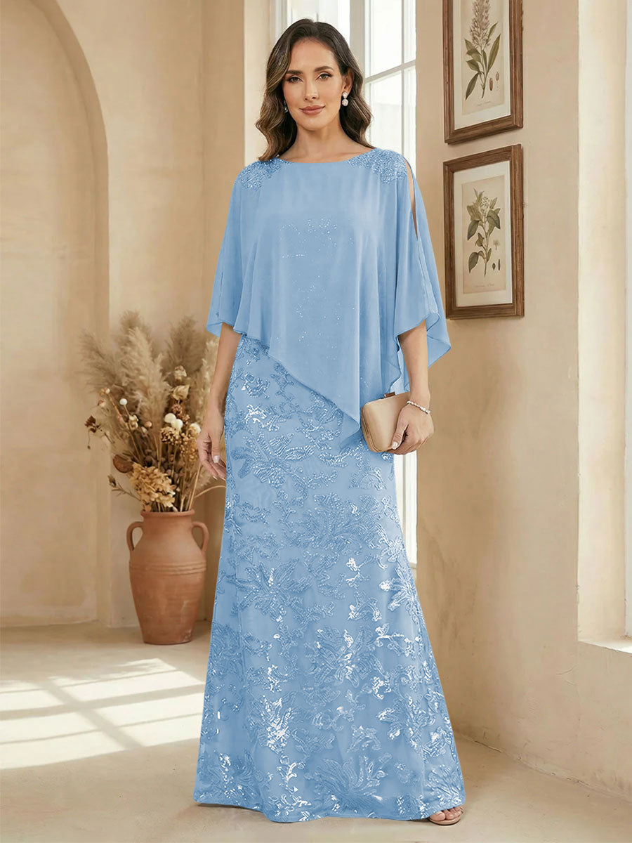 A Line Scoop Floor Length Elegant Mother of the Bride Dresses with Sequin Embroidery