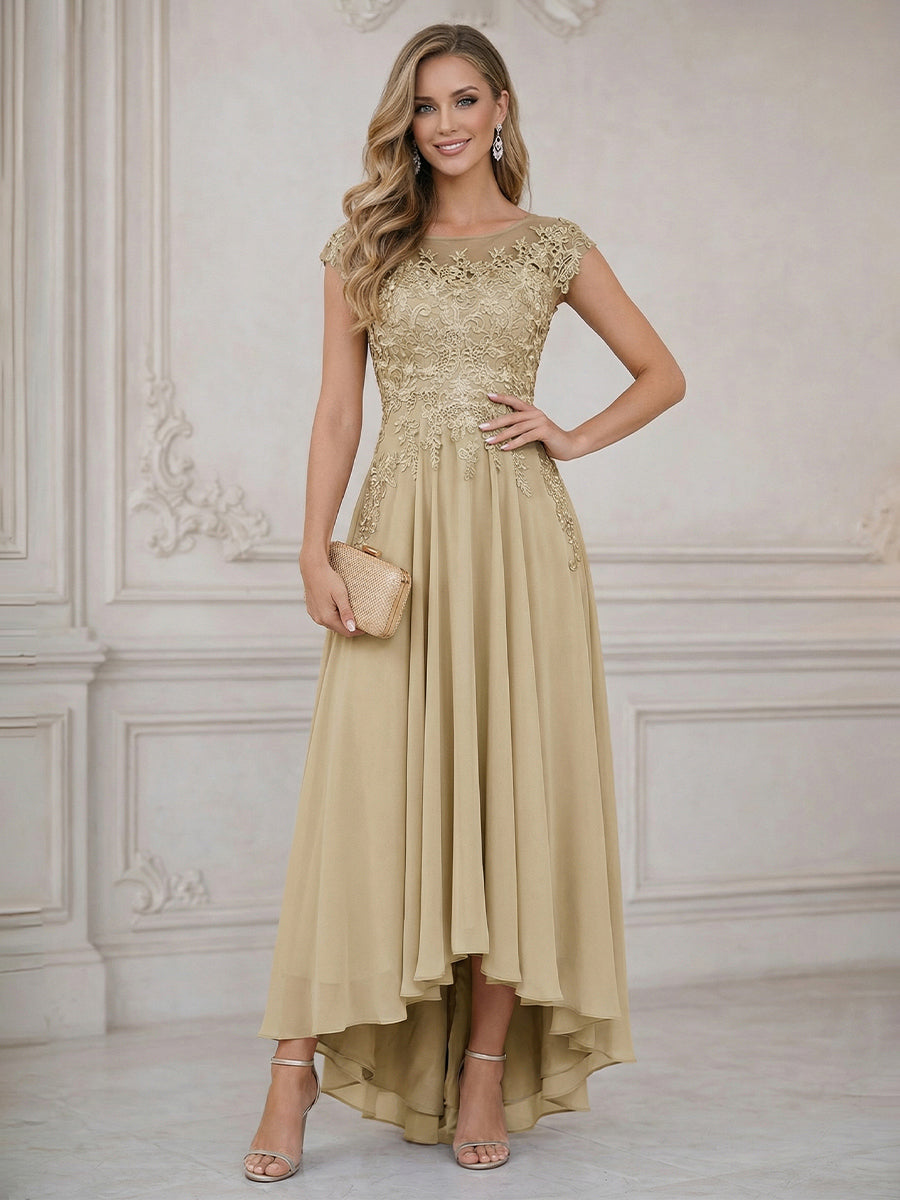 A Line Scoop Asymmetrical Pleated Mother of the Bride Dresses with Lace Appliques