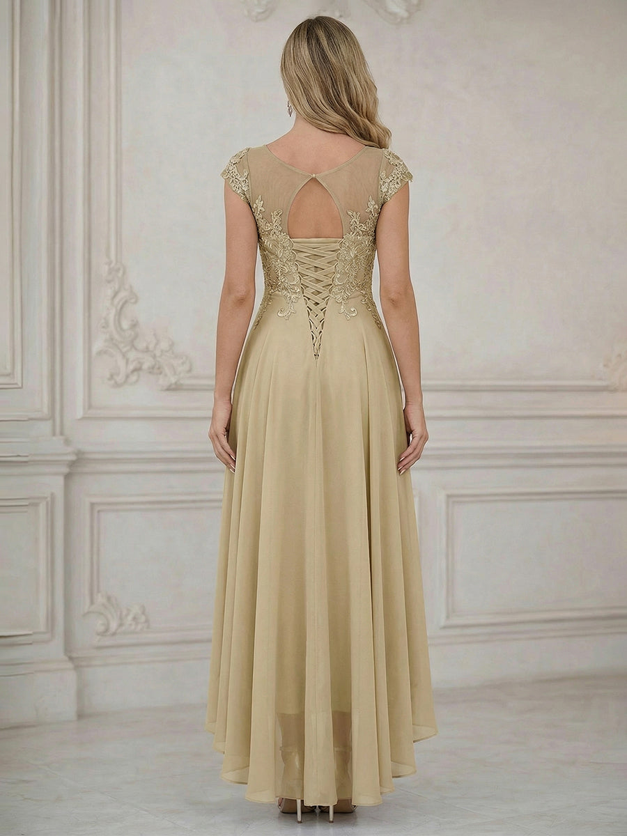 A Line Scoop Asymmetrical Pleated Mother of the Bride Dresses with Lace Appliques